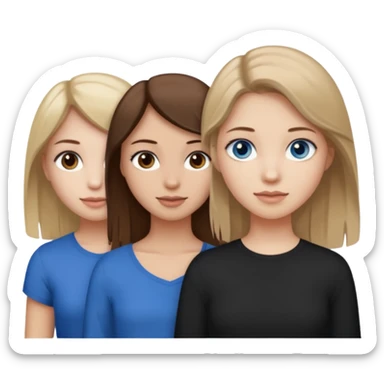 three people who are friends and the features are as follows: one girl who is white, has brown hair and brown eyes; one girl who is dirty blonde with blue eyes; one girl who is tan with dark brown hair and dark brown eyes sticker