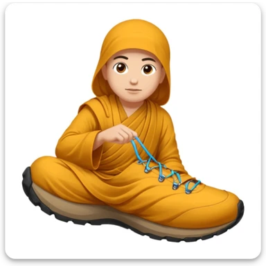 Je voudrais un moine bouddhiste avec un mulet qui pris en direction d’une paire de chaussures de trail, avec une bulle de pensée avec marqué trail sticker