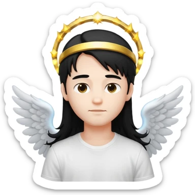 angelic boy with long black hair, white t-shirt, glowing halo sticker