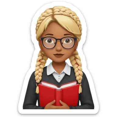 A student, girl, brown skin, braid blonde hair, wearing glasses, hold red book in front of their chest sticker