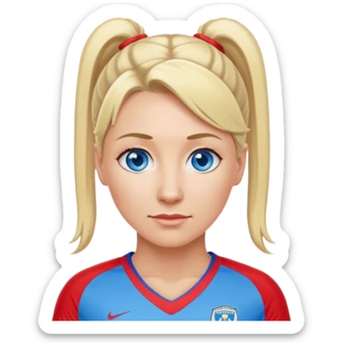 Middle aged woman blue eyes and blonde ponytail playing soccer red jersey sticker