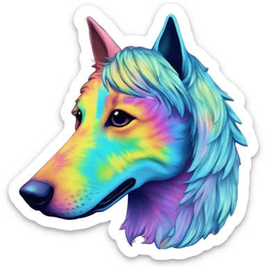 Multicolored rainbow retro groovy tie dye hippie trippy floral patterns on a metallic holographic iridescent blue dog face head unicorn sticker