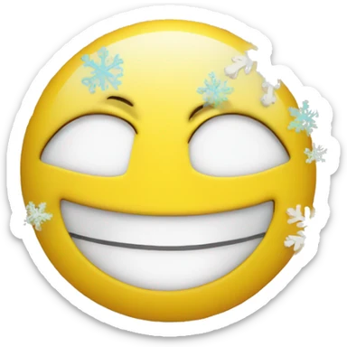 A yellow face emoji smiling with snowflakes falling around h sticker