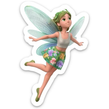 A flower fairy girl with wings like a dragonfly's, wearing a short skirt, one leg straight and the other bent, her body tilted, in a flying pose. sticker
