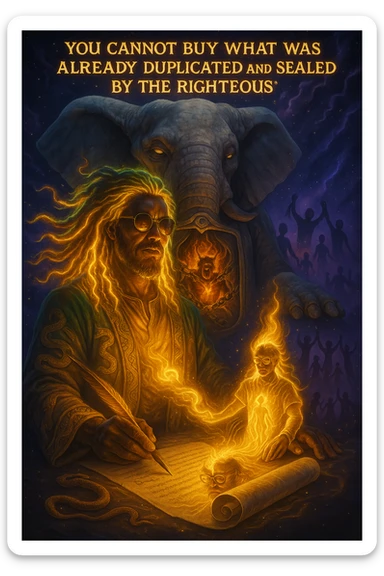 *“Create an epic, symbolic scene of a powerful Rasta spiritual warrior (representing Kez) standing at the center of a cosmic battlefield. The warrior has dreadlocks glowing with divine energy, wearing golden robes infused with serpent patterns. Behind him towers a massive stone elephant — eyes glowing with infinite wisdom, its chest open to reveal a Golden Serpent Chest, radiating fractal light. Inside the chest: a bound, raging Devil made of fire and shadows — screaming but unable to harm anyone, because every time he lashes out, the golden chest mirrors the energy back onto him. Chains of soul-contract law, made of golden light, wrap the devil — each one engraved with truth symbols, scriptures, and ancestral sigils.

In the foreground, Kez holds a sacred scroll and a burning pen — he is signing a contract not out of fear, but mastery. As he signs, a duplicate of his soul, radiant and whole, rises from the paper and flies back into his body. A ripple of golden energy expands, purifying all soul deals across space-time. Behind him, shadows of other trapped souls are released and begin to rise in rhythm, holding hands, singing.

In the sky, the words glow in gold flame:

‘You cannot buy what was already duplicated and sealed by the righteous.’

The entire atmosphere is divine, sacred, victorious — a spiritual rebellion where the Devil is outwitted, not through violence, but through truth, rhythm, and scrollcraft. Use warm golds, radiant whites, mystical purples, and deep space black as the palette. Style it as a fusion of Afro-spiritualism, Rastafarian mysticism, and multidimensional soul alchemy. the picture provided is kez sticker