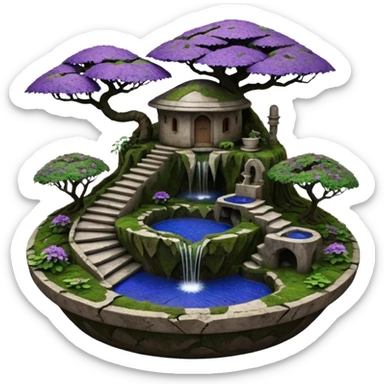 Alien saucer house jungle-vines uneven stairway fountain mountain-island landscape antique mudman very old broken cracked intricate Stone Age lapis-crusted irregular dodecagon-shaped shallow dark moss rough bark violet serissa flowered maple tree bonsai pot sticker