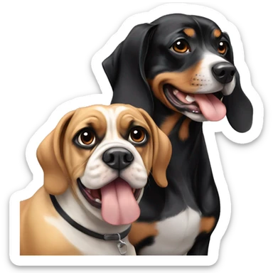 Black and tan long haired weiner dog with a black and white English bulldog sticker
