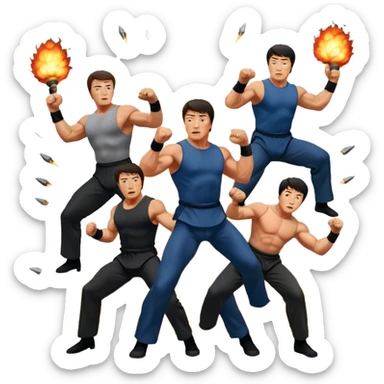 Collage of Arnold Schwarzenegger, Sylvester Stallone and Jackie Chan in intense action poses, surrounded by explosions, martial arts moves, weapons. The design should capture the high energy and heroism of classic action films. Transparent background. sticker