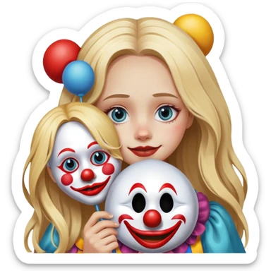 Sad Blonde girl with long hair holding a happy clown mask beside her face isolated  sticker