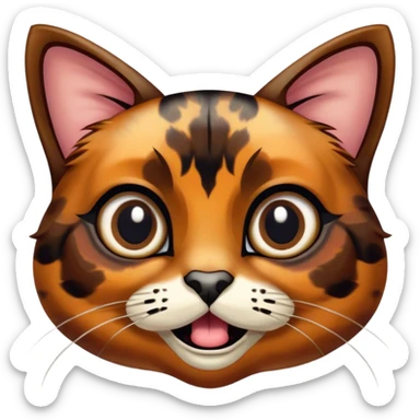 Cinematic Comical Tortoiseshell Cat Portrait Emoji, Head cocked dramatically with an over-the-top shocked expression, featuring a rich mottled fur of browns and blacks and wide, comically animated eyes full of playful disbelief, simplified yet hilariously detailed, glowing with a bold, sassy radiance, high shine, exuding a mischievous and spirited charm, styled with a soft glowing outline, capturing the essence of a tortoiseshell cat that appears ready to burst into comical antics! sticker