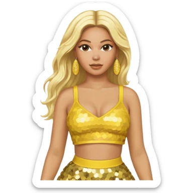 Beyonce with long platinum blonde hair, yellow sequin crop top yellow sequin skirt, gold earring sticker