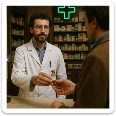 realistic image of a pharmacist in France in 1980 delivering a vial of Trenbolone to a customer, 1980s clothing and pharmacy interior, historical details, pharmacy environment sticker