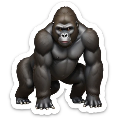 cinematic-gorilla-realistic-full-body-on all fours-emoji,-exuding-strength,-thick-dark-fur-glossy-in-the-light,-head-tilted-dramatically,-deep-dark-eyes-filled-with-intense-intelligence,-simplified-yet-realistic-focused-features,-highly-detailed,-glowing-with-an-almost-sarcastic-glow sticker