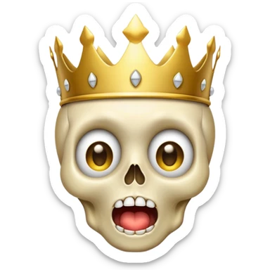 A shocked skull emoji with wide eyes and open mouth, wearing a classic golden emoji crown, Apple emoji style, 2D digital art, transparent background sticker