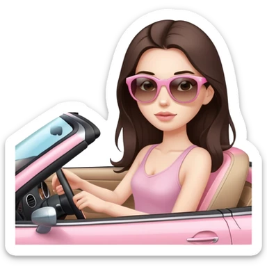 girl with long dark brown hair and pale skin wearing sunglasses driving convertible car with light pink interior sticker