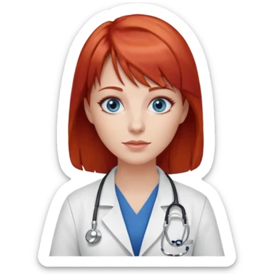 female doctor with red hair, blue eyes, and bangs sticker