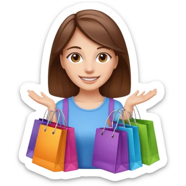 smiling white girl with brown hair and brown eyes carrying colorful shopping bags sticker