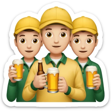 16 men on a golf trip wearing yellow golf caps all holding a beer can with a Xmas style label. Has to be 16 of them. sticker