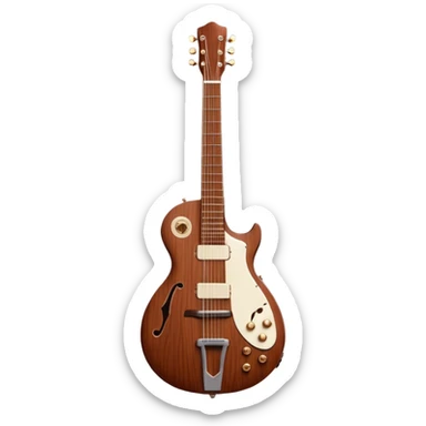 Cinematic Realistic Guitar, smooth mahogany body with deep wood grain, metal strings catching soft reflections, intricate tuning pegs gleaming subtly, warm light accentuating the contours, glowing with the warmth of music and craftsmanship. sticker