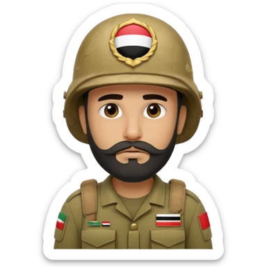 A tired, swarthy Iraqi soldier with a beard, an Iraqi flag on his helmet, a sad expression and bags under his eyes sticker