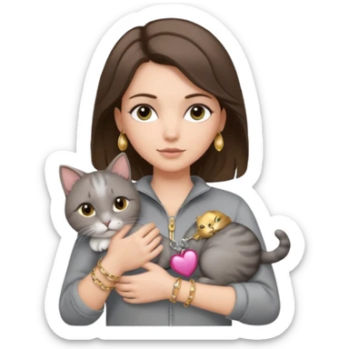 a white girl with brunette hair in brain that is over her shoulder. shes holding a grey cat. the girl has long lashes and has on a grey zip up that is half way zipped  and under a white shirt and gold jewelry that is gold bracelets. sticker