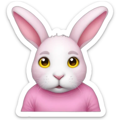 rabbit pink sad eyes, wears teeshirt yellow sticker