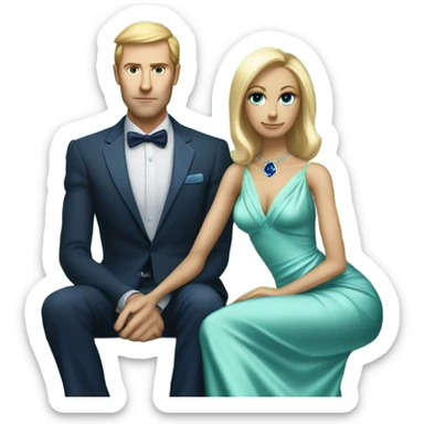light green skin alien blonde woman in long slim pastel blue formal party satin dress with gradient shiny sparkling navy blue diamonds embroidered , and caucasian man in black dress, sitting on a white couch  sticker
