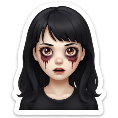 Zombie girl, with bangs above her eyebrows, her dark hair, thin eyebrows. Long hair and Wavy her clothes are black sticker