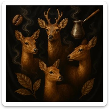 Four golden-brown deer, highly realistic, with fine water droplets on their fur. Each deer emits a light coffee aroma, visually represented by soft, swirling steam like freshly brewed coffee. Subtle coffee heritage elements such as Ethiopian coffee bean, Turkish cezve, and coffee tree leaf are tastefully integrated. Luxurious black satin or matte background with transparent edges, logo-level resolution. sticker