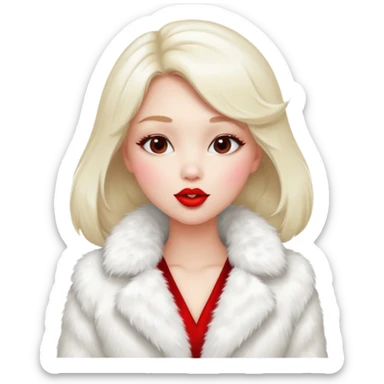 A beautiful, cute girl with red lipstick on her lips is posing for a photo in a white fur coat, and she's seen in full view, blowing a kiss. sticker