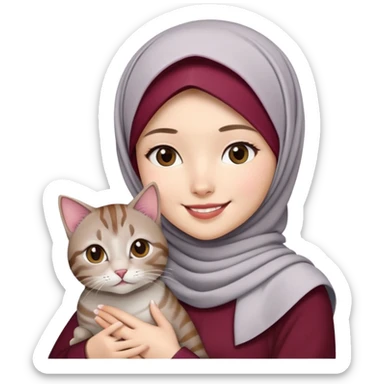Asian White girl wearing maroon hijab with white dress holding a black grey tabby cat while smiling.  sticker