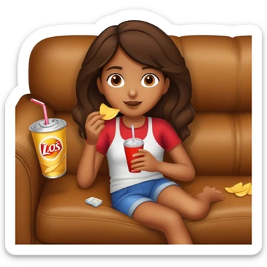 home brown girl with chips and drink, lying at the sofa sticker