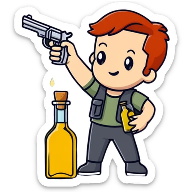 redhead person holding olive oil bottle like a pistol, action pose sticker