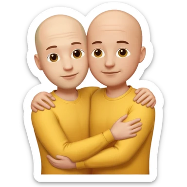 two fit bald men of different heights embracing, clear and simple, emoji style sticker