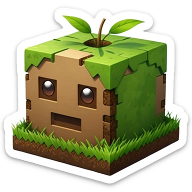 A 3D Apple-style emoji of a simple Minecraft-style grass block, cube-shaped with green grass on top and brown dirt on the sides, no background, clean design. sticker