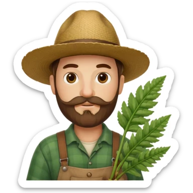 farmer emoji in classic apple style, same outfit and hat as original 🧑‍🌾, holding a single large fiddlehead fern, light moustache and beard, facial features inspired by reference photo, friendly look sticker