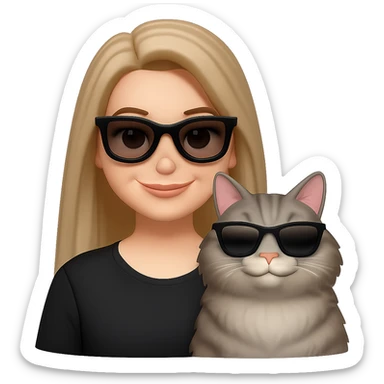 Edit the image to make the woman's hair longer so it goes past her shoulders. Make the grey tabby cat chubbier and fluffier. Both the woman and the cat should be slightly smiling, still wearing sunglasses and looking cool. Remove the background entirely. The style should remain consistent with the original image's look and feel. sticker