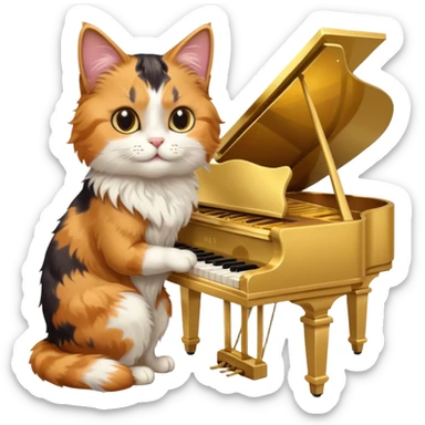 calico cat play gold piano, portrait sticker