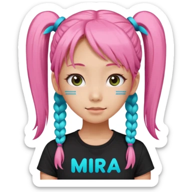 a girl wearing a black t shirt with cyan letters'mira', brave and smart face, narrow eyes, korean girl, small grin,half up half down look with two diagonal pigtails, long pink hair sticker