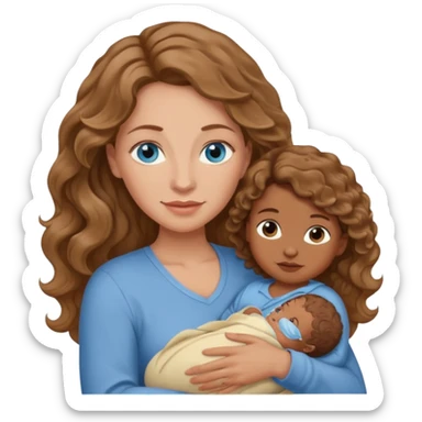 Light brown Caucasian wavy haired mom and blue eyeswith and brown skinned newborn baby sticker