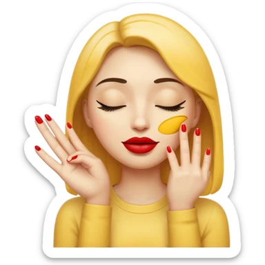 Standard yellow emoji face with closed eyes forming upward curved lines, visible eyelashes, pursed lips with red lipstick, and a hand showing only the thumb out with all other fingers closed against the palm, painted nails sticker
