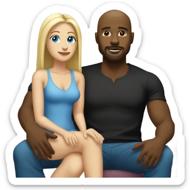 Blonde woman with blue eyes and long straight hair and black man who is bald with a goatee seated together on a sofa with their legs touching and clearly in love with each other with her left arm around him and his right arm around her.   sticker