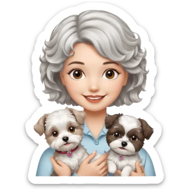 silver, short, wavy-haired with loose curls, smiling pretty lady holding a westie terrier dog and a shih tzu dog sticker