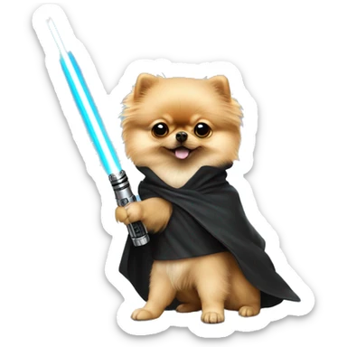 Pomeranian dressed as Luke Skywalker holding a lightsaber sticker