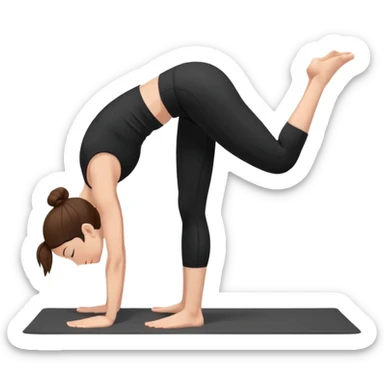 Minimalist flat vector illustration of a woman doing yoga in forward fold pose (Uttanasana), wearing sportswear (black top and black shorts), brown hair in a bun, clean white background, no face details, elegant style sticker