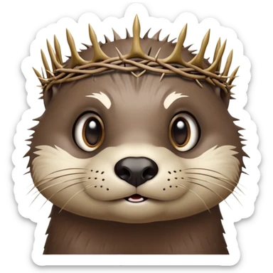 really cute confused otter face with simple thorny stem wrapped horizontally around its forehead like Jesus Christ's Crown of thorns, no crown shape on top, just thin spiky branches circling the forehead, very cartoony and expressive face, big eyes sticker