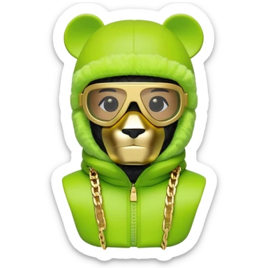 geometric bearbrick in lime green balaclava with brand tags, eyes replaced by integrated single-piece visor lens built into mask itself, not as separate glasses, down jacket with fur hood, gold chains sticker