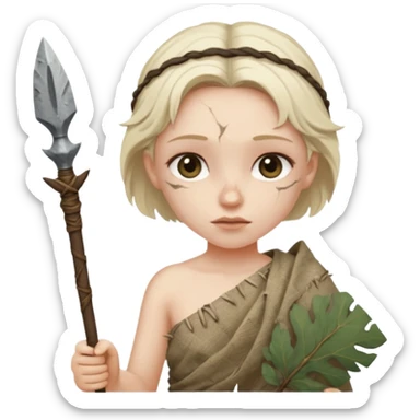 ancient girl, tattered leaf cloth, hold broken stone spear sticker