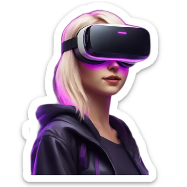 Russian blondy girl celebrating her birthday wearing a black hoodie and VR headset in a cyberpunk VR environment with violet neon lighting sticker