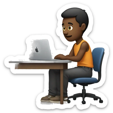 A 28 year old male sitting in front of desk and there is an MacBook air following straight. sticker